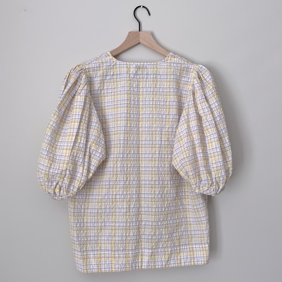 GANNI | Puff Sleeve V-Neck Plaid Check Seersucker Top - Picture 12 of 16